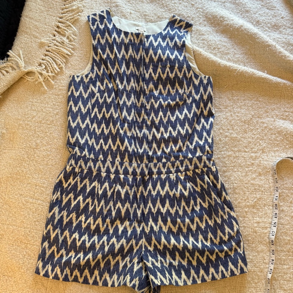 JCrew Structured Blue and Cream Ikat Print Linen Romper 6